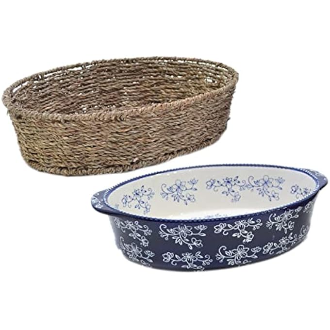 rayihni Floral Lace Oval Baker With Banana Grass Woven Basket  Blue  Oven Microwave Freezer Refridgerator Safe Ceramic Hand Painted Bakeware For Baking Serving Kitchen Cooking Gift - Image 3