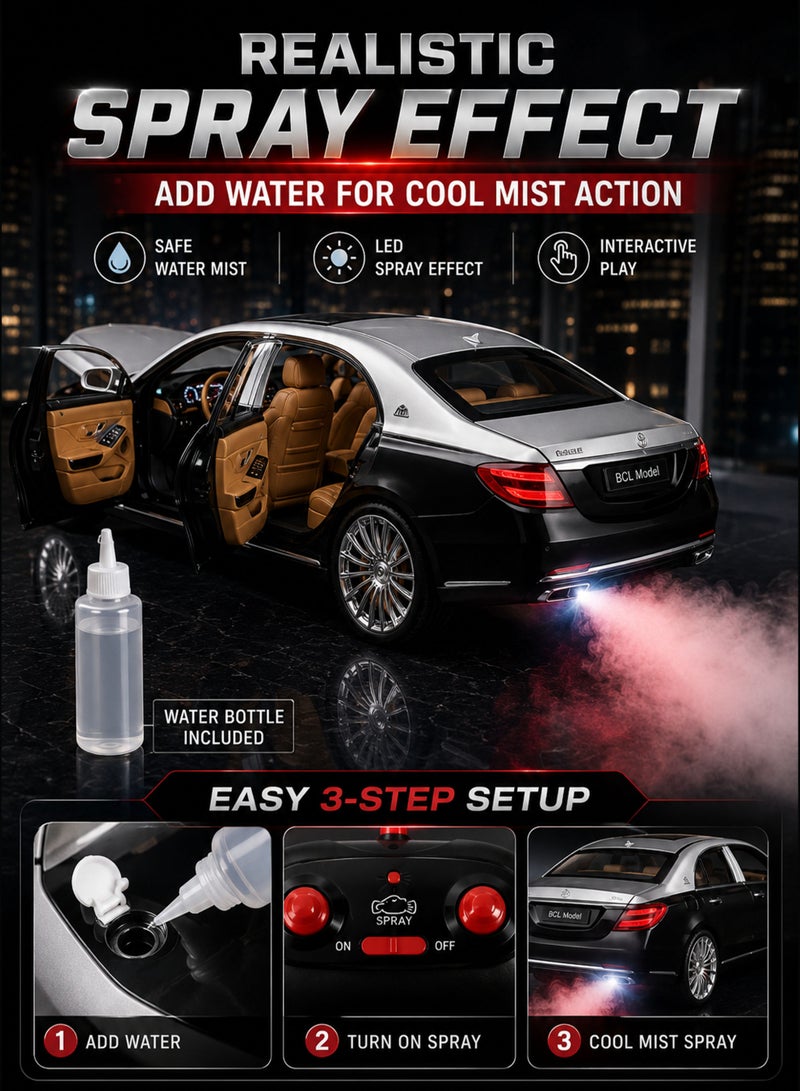 Funsterz 1:22 Luxury Mercedes-Benz Maybach S600 RC Spray Car Die-Cast Alloy Metal Body Remote Control Toy Car with LED Headlights Engine Sound Opening Doors Hood Trunk 2.4GHz Rechargeable Battery Drift Style Collectible Model Car for Kids Boys Girls Adults Car Lovers - Image 3