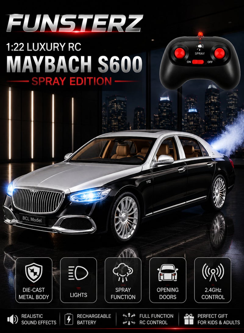 Funsterz 1:22 Luxury Mercedes-Benz Maybach S600 RC Spray Car Die-Cast Alloy Metal Body Remote Control Toy Car with LED Headlights Engine Sound Opening Doors Hood Trunk 2.4GHz Rechargeable Battery Drift Style Collectible Model Car for Kids Boys Girls Adults Car Lovers - Image 1