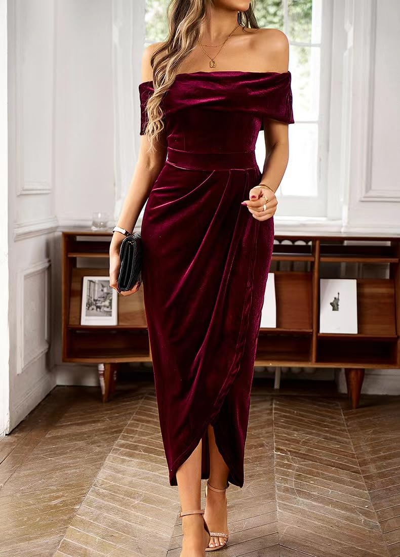 Sumleno Off The Shoulder Vintage Velvet Bodycon Midi Dress for Women Wrap Slit Elegant Cocktail Party Evening Pencil Dress Burgundy - Image 4