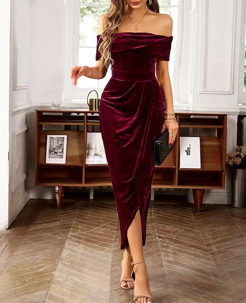 Sumleno Off The Shoulder Vintage Velvet Bodycon Midi Dress for Women Wrap Slit Elegant Cocktail Party Evening Pencil Dress Burgundy - Image 5