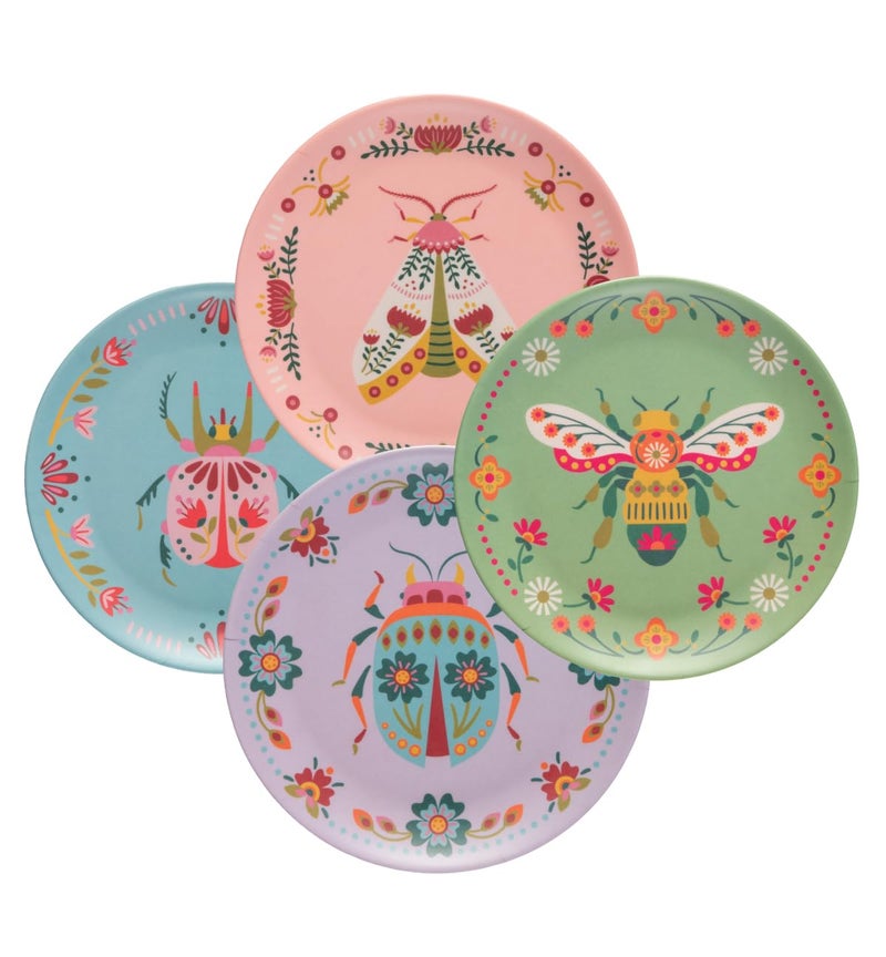 Karma, 7.75 inches Melamine Dessert Plates Set of 4, Reusable Dishwasher Safe Plates for Outdoor and Indoor, Bugs - Image 1