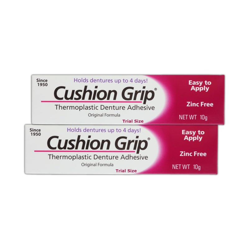 Cushion Grip Thermoplastic Denture Adhesive 035 oz Travel Size Pack of 2 Refits and Tightens Loose Dentures for Up to 4 Days NonGlue ZincFree Waterproof Formula Acts Like a Soft Reliner
