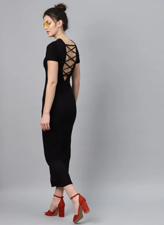 SASSAFRAS Black Styled Back Maxi Dress for Women