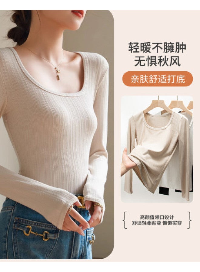 Modal Square Neck Slimming Knitted Top, Solid Color Simple Versatile Chic Fitted Long Sleeve Blouse For Women - Image 1