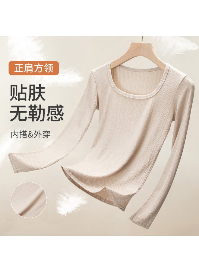 Modal Square Neck Slimming Knitted Top, Solid Color Simple Versatile Chic Fitted Long Sleeve Blouse For Women - Image 4