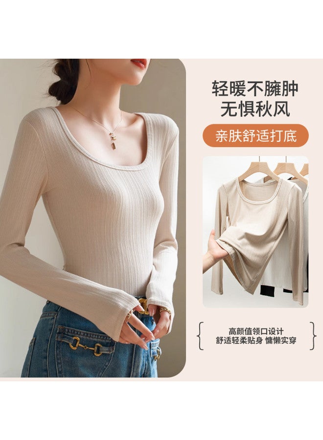 Modal Square Neck Slimming Knitted Top, Solid Color Simple Versatile Chic Fitted Long Sleeve Blouse For Women - Image 2