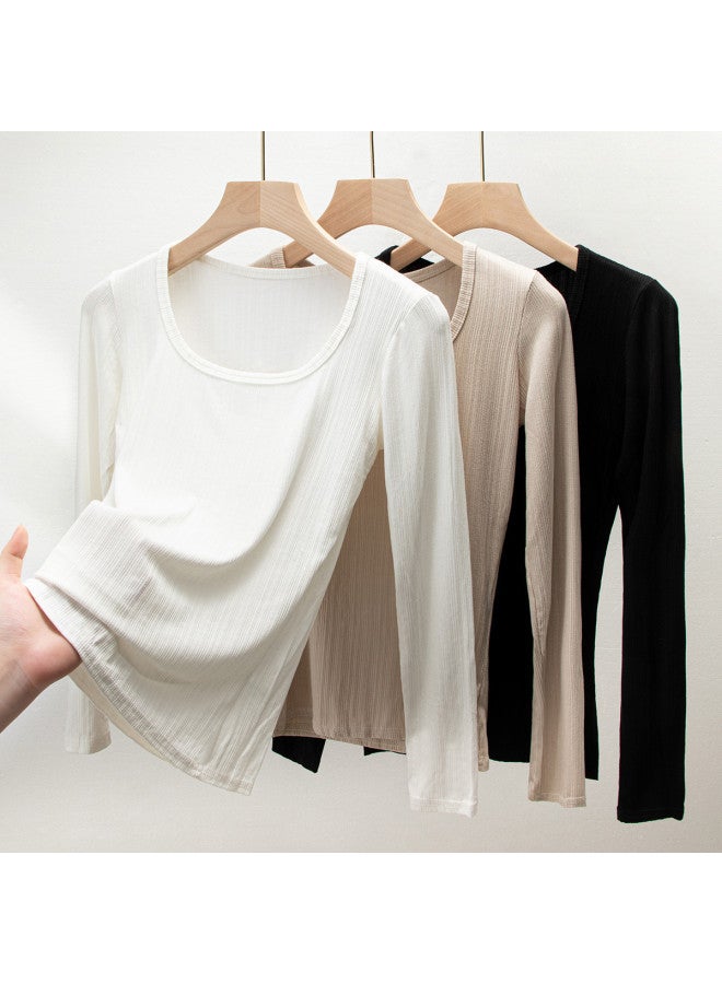 Modal Square Neck Slimming Knitted Top, Solid Color Simple Versatile Chic Fitted Long Sleeve Blouse For Women - Image 5