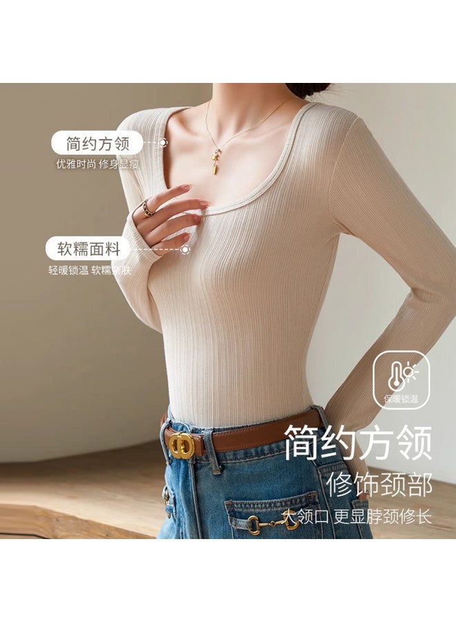 Modal Square Neck Slimming Knitted Top, Solid Color Simple Versatile Chic Fitted Long Sleeve Blouse For Women - Image 3