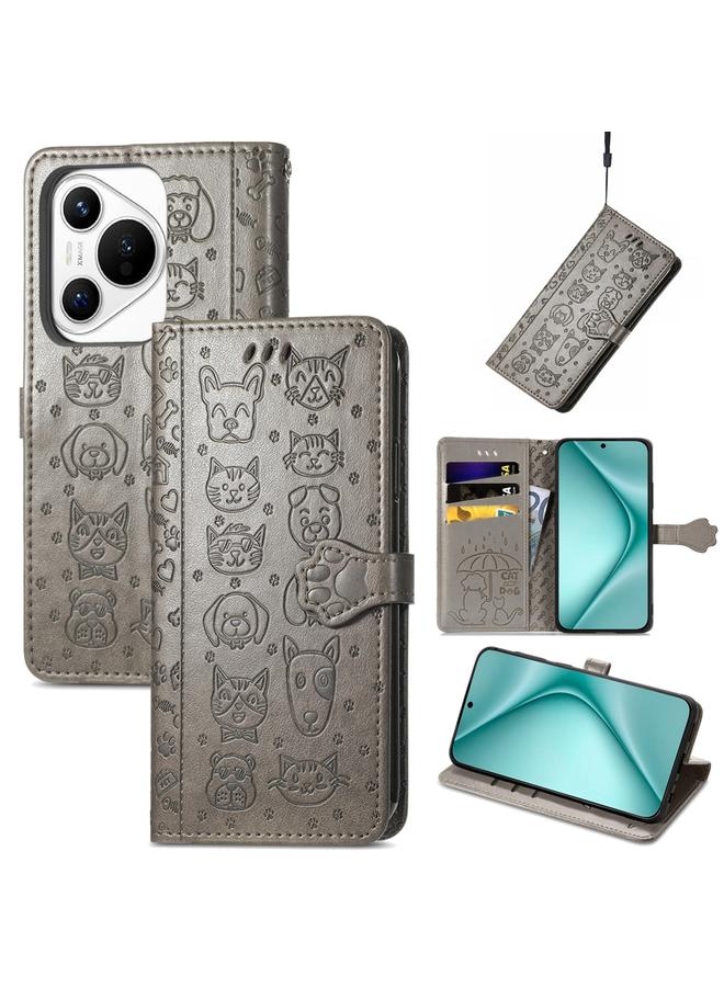 اس-توب جراب لهاتف Huawei Pura 70 مصنوع من الجلد المنقوش بنقشة قطة وكلب - Image 1