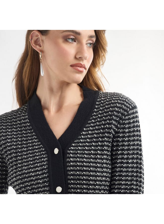 Splash FAV Textured V-neck Cardigan with Long Sleeves and Button Closure  - Image 4