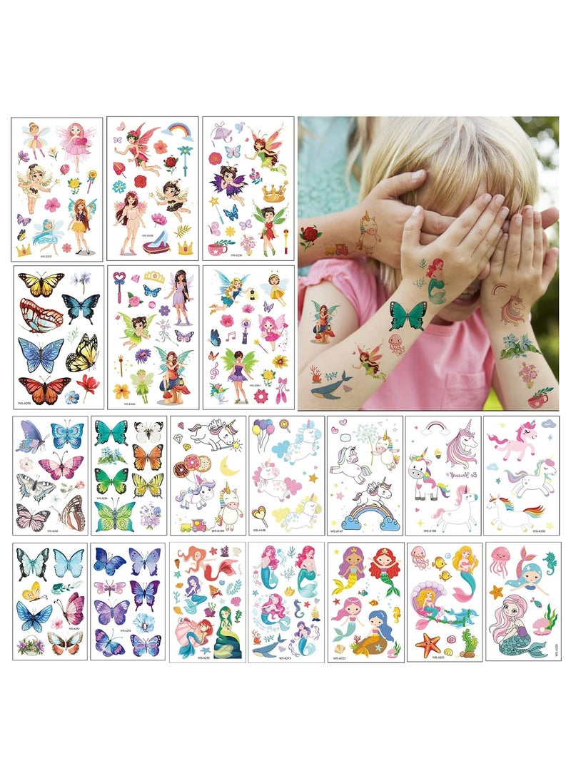 قوس قزح أورينبو 20 ورقة 230 قطعة من وشم يونيكورن حورية البحر فراشة جنية صغيرة مؤقتة للأطفال البنات والأولاد مقاوم للماء يدوم طويلاً - Image 1