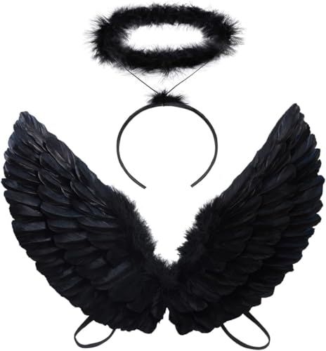 Antspirit Angel Black Wings and Halo Angel Costume for Girls Kids Women Halloween (Black) - Image 5