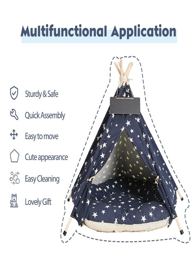 Nukied Pet Teepee Tents, 24 Inch Portable Indoor Dog Teepee Bed with Thick Cushion, Washable Navy Blue Stars Pattern Teepee Tent House for Puppy & Cat - Image 5
