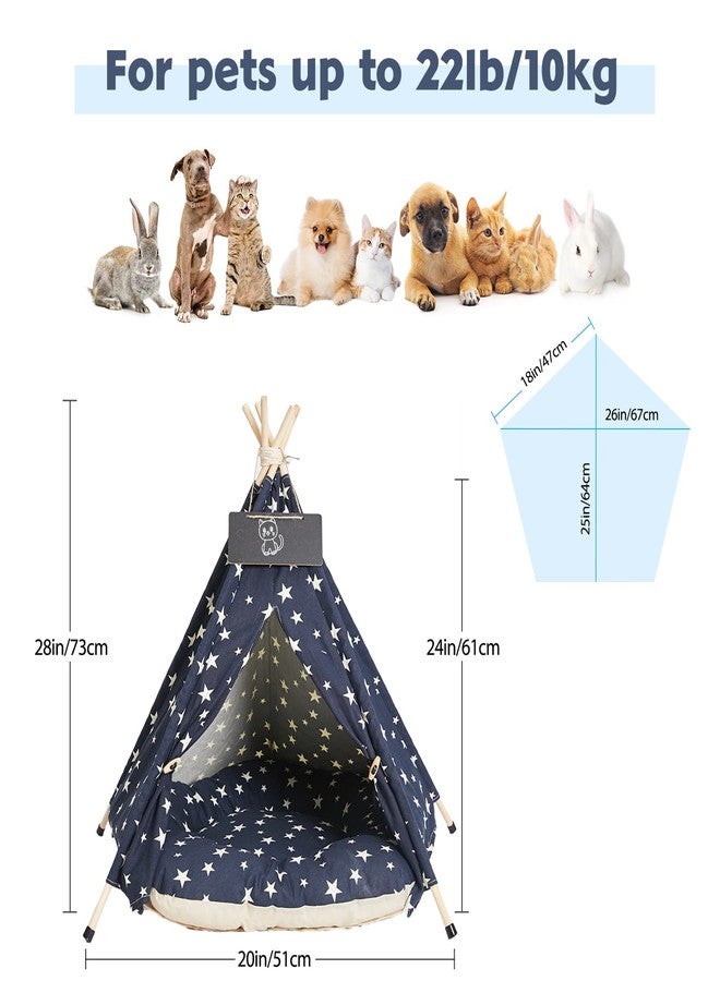 Nukied Pet Teepee Tents, 24 Inch Portable Indoor Dog Teepee Bed with Thick Cushion, Washable Navy Blue Stars Pattern Teepee Tent House for Puppy & Cat - Image 4