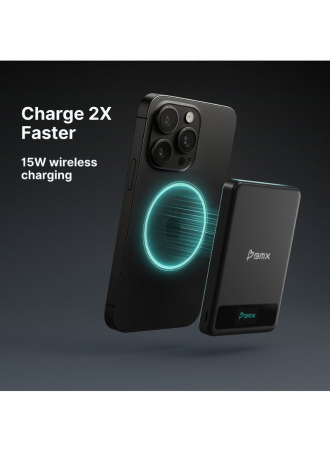 BMX SolidSafe™ 5K Magnetic Power Bank | Solid State Technology, Safe and Efficient, TSA Flight Approved, 15W/20W Wireless/Wired, USB-C Fast Charging, Info Display, Compact & Lightweight - Black - Image 2