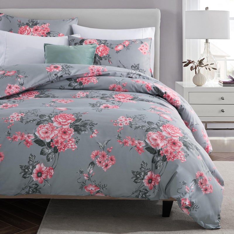 MOONLIGHT20015 Super King Duvet Set 3 Piece – Grey Bouquet Bedding Set, Hypoallergenic Brushed Microfiber Quilt Cover, with 2 Pillowcases - Image 2