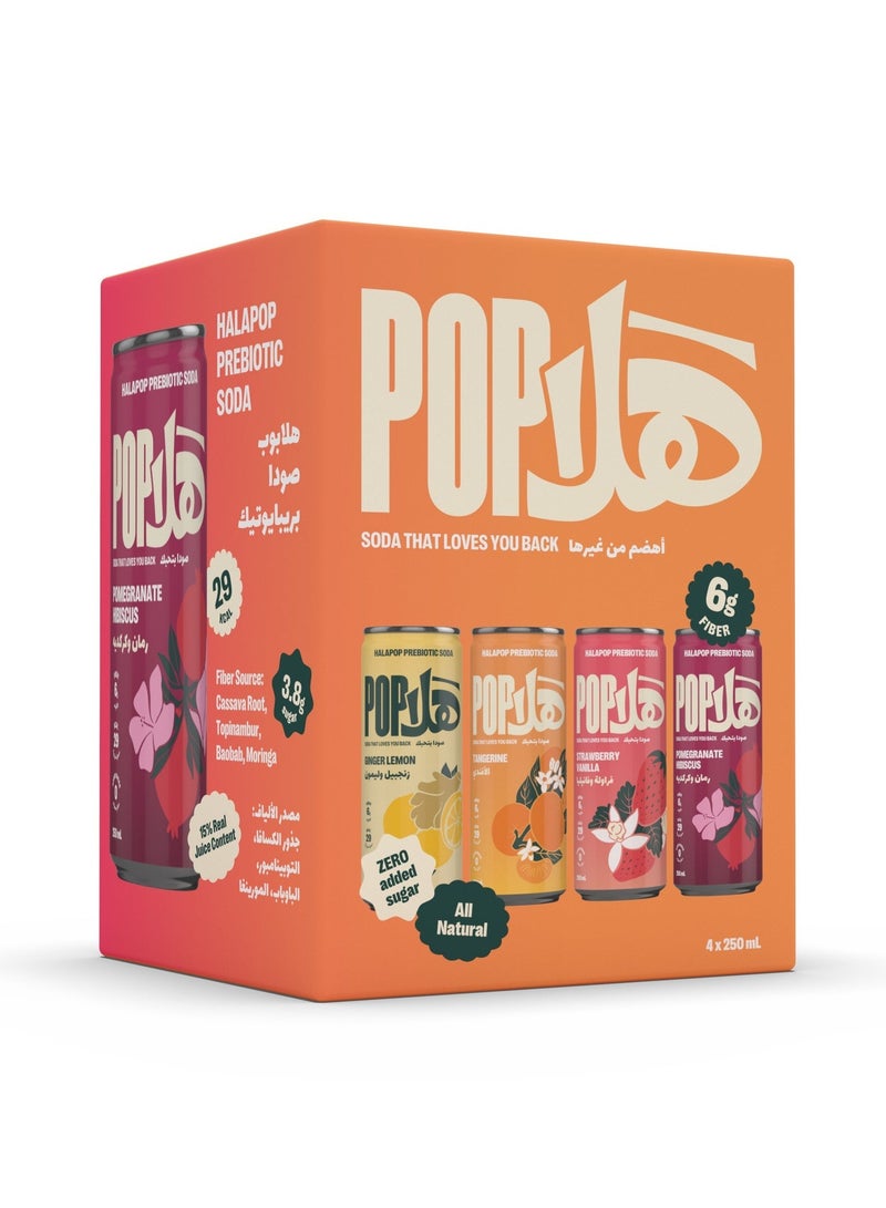 HalaPop Prebiotic Soda – Ginger Lemon, Tangerine, Pomegranate Hibiscus & Strawberry Vanilla |4 x 250ml, 6g Fiber, No Added Sugar - Image 1