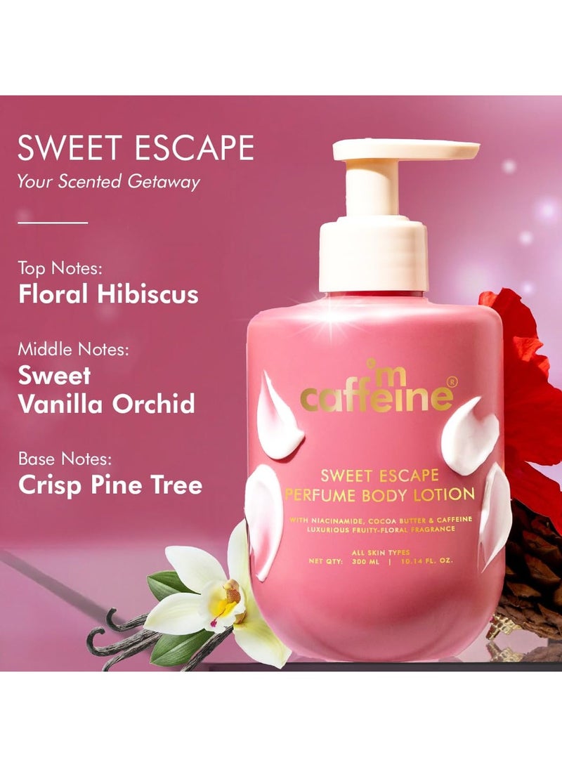MCaffeine Sweet Escape Perfume Body Lotion | Niacinamide, Cocoa Butter & Shea Butter For Deep Moisturization | Lightweight, Non-Sticky | Fruity-Floral Fragrance | Body Lotion For Dry Skin - 300ml  - Image 4
