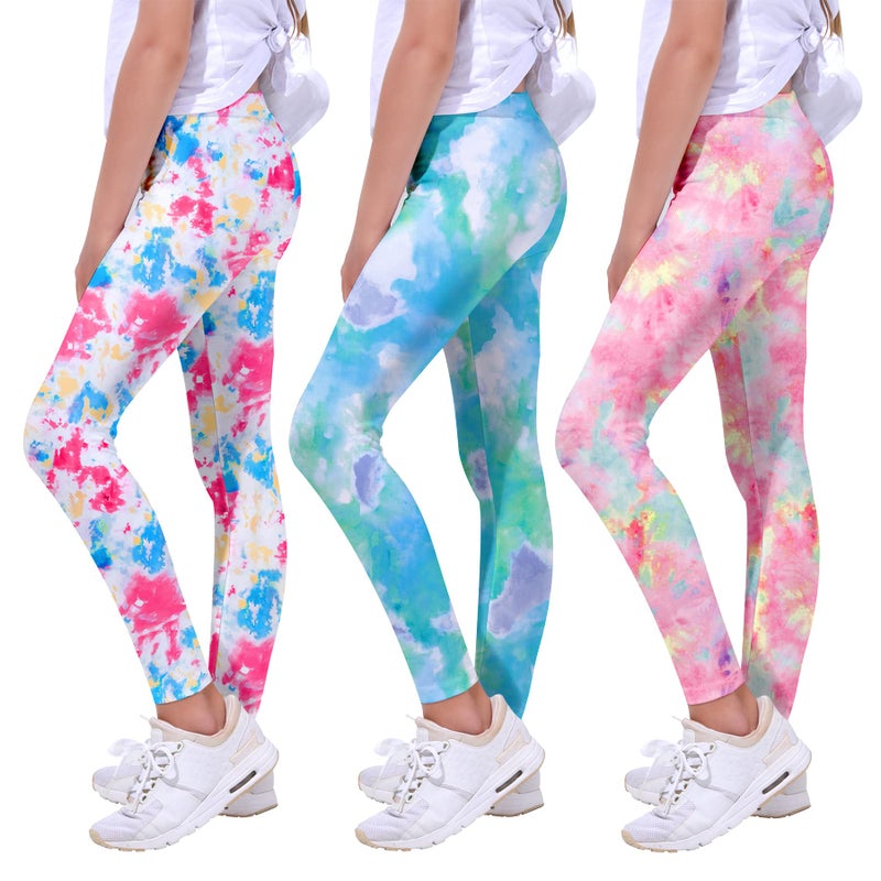 Quedoris Girls 3-Pack Printed Leggings Tie Dye Fuchsia Green Purple Pink 130Y - Image 1