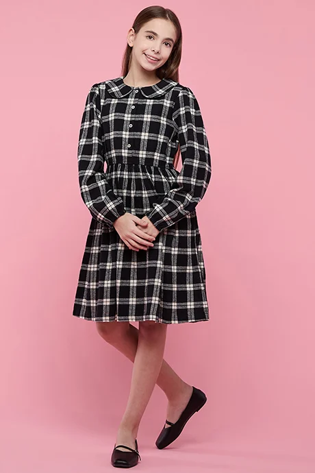 أر أند بي Plaid Fit & Flare Dress with Peter Pan Collar and Puff Sleeves