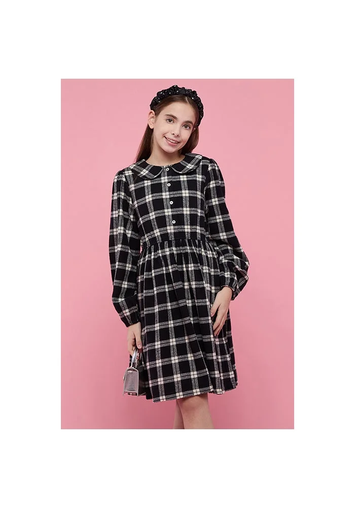 R&b Plaid Fit & Flare Dress with Peter Pan Collar and Puff Sleeves