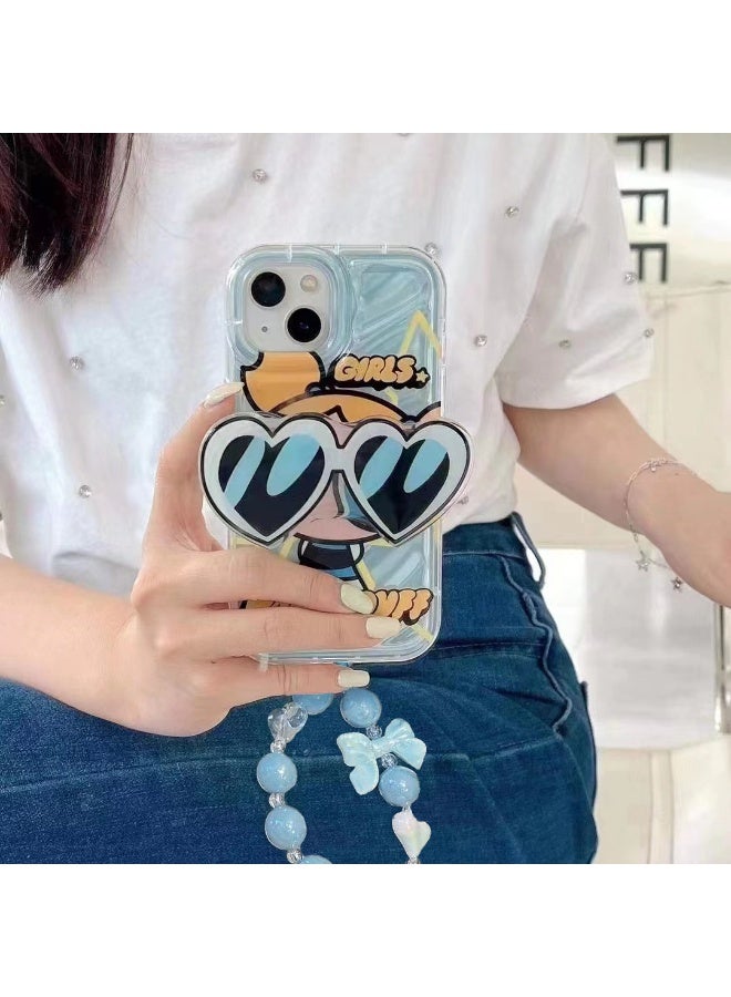 NIBEMINENT Hot Girl Cartoon Protective TPU Case Cover For iPhone 16 Pro Max, Blue Little Policewoman With Blue Sunglasses Bracket With Bracelet