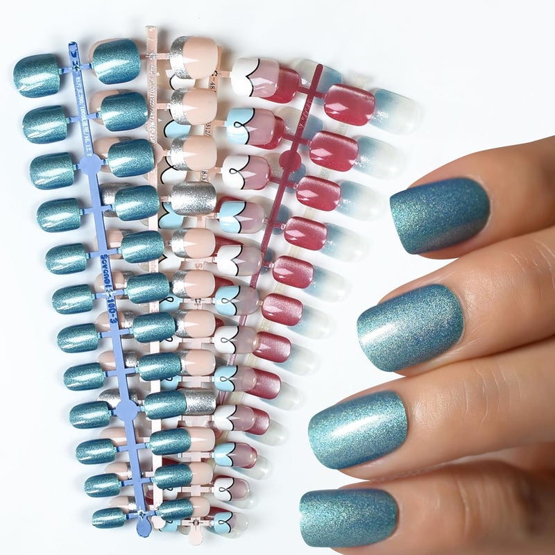 120pcs Press on Nails Cat Eye Ombre Glitter - False Nail Art Tips with Tool for Women and Girls - Image 1