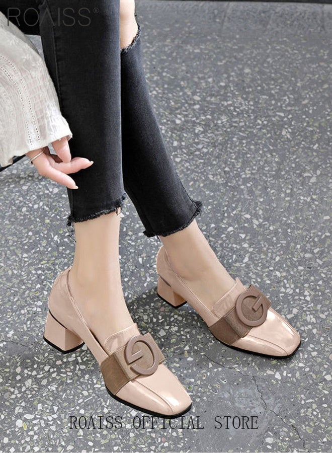 roaiss Fashion Office Ladies Shoes Women Pu Leather Pumps Shoes British Style Square Toe Leather Shoes Mid Heel Chunky Heel Women's Shoes - Image 1