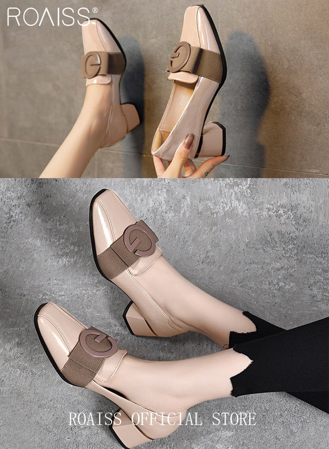 roaiss Fashion Office Ladies Shoes Women Pu Leather Pumps Shoes British Style Square Toe Leather Shoes Mid Heel Chunky Heel Women's Shoes - Image 4