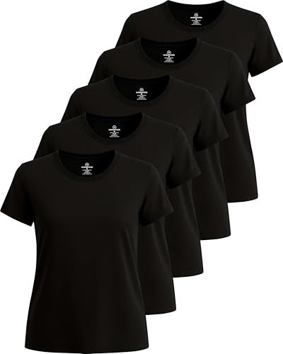 REALESSENTIALS Real Essentials 5 Pack: Women's Short Sleeve T-Shirts Workout Tops Fitness Pilates Gym Activewear Athletic (Plus Available), Set 5, L, Pack of 5 - Image 1