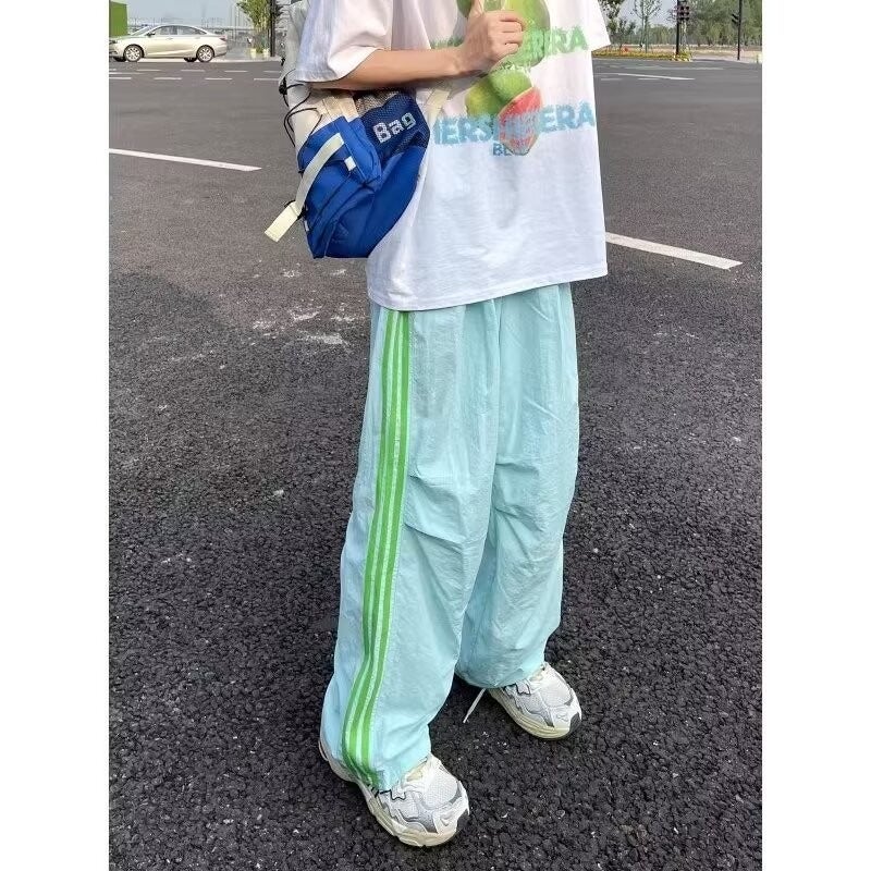 Fluorescent green three-bar pants dopamine bright color wear Blue - Image 2