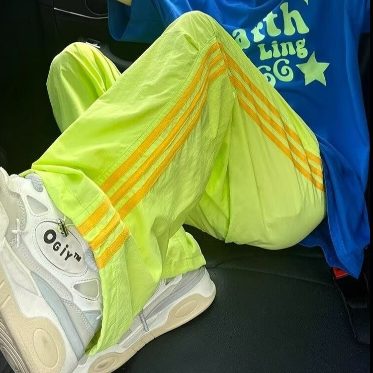 Fluorescent green three-bar pants dopamine bright color wear Blue - Image 5
