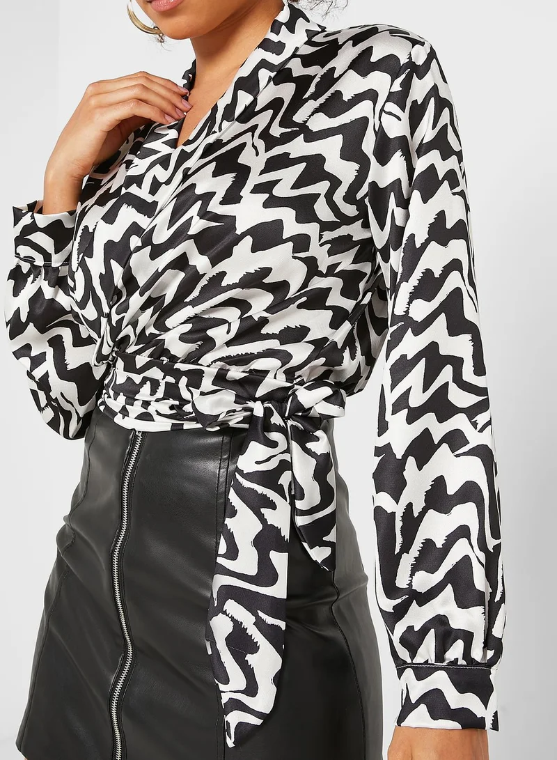 boohoo Printed Tie Detail Top