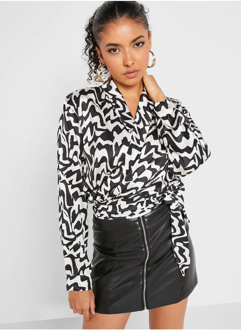 boohoo Printed Tie Detail Top