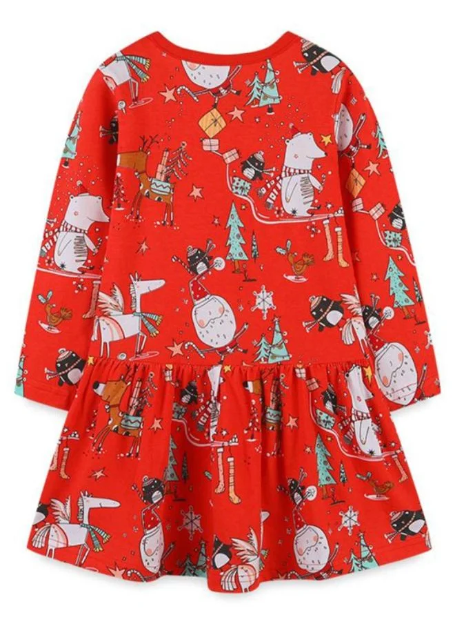 YUNIQEE Red A-Line Crew Neck Printed Dress