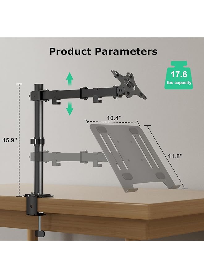 erorex Monitor And Laptop Mount Monitor Arm With Laptop Tray For 13 Inch To 27 Inch Lcd Computer Screens And Notebook Up To 17 Inch Fully Adjustable Laptop Mount Stand Holds Up To 17.6Lbs  - Image 3