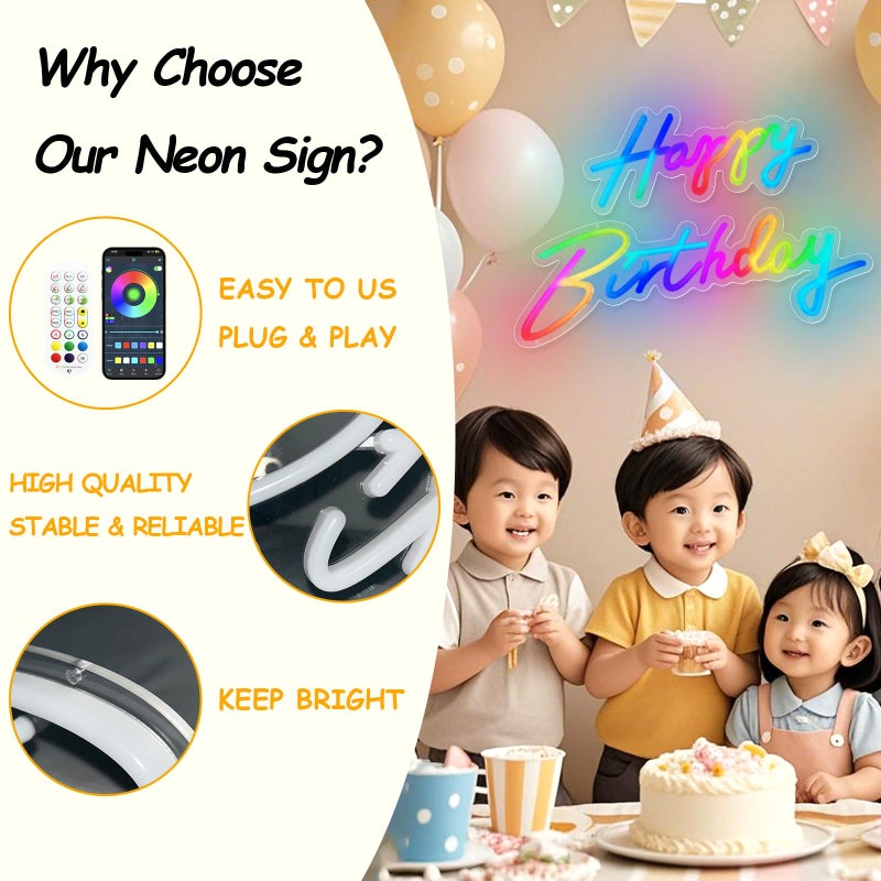 divatla Happy Birthday Neon Sign Large - Colorful Happy Birthday Sign Reusable Neon Signs for Wall Decor, LED Sign for Birthday Party with Remote 200+ Colors, App Control, Music Sync, Birthday Gift for Boys & Girls - Image 3