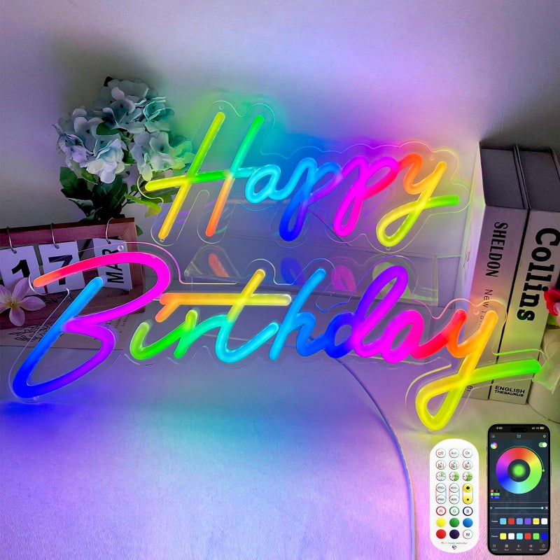 divatla Happy Birthday Neon Sign Large - Colorful Happy Birthday Sign Reusable Neon Signs for Wall Decor, LED Sign for Birthday Party with Remote 200+ Colors, App Control, Music Sync, Birthday Gift for Boys & Girls - Image 1