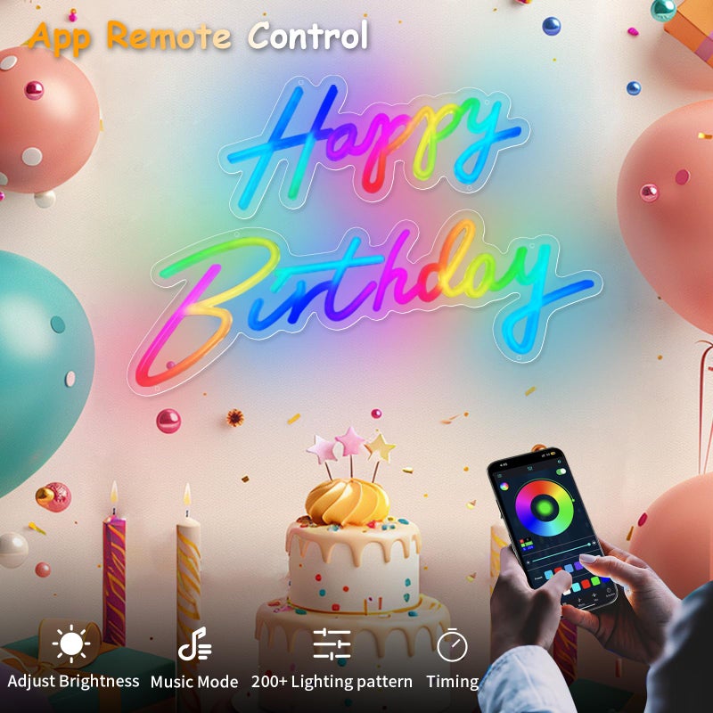 divatla Happy Birthday Neon Sign Large - Colorful Happy Birthday Sign Reusable Neon Signs for Wall Decor, LED Sign for Birthday Party with Remote 200+ Colors, App Control, Music Sync, Birthday Gift for Boys & Girls - Image 5