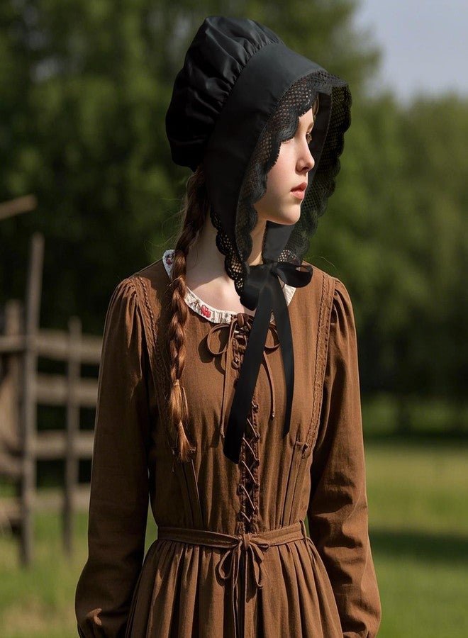 CosInStyle Women's Pioneer Bonnet - Colonial Peasant Amish Hat, Prairie Cap, Nightcap, Maid Cosplay Costume Accessory (Style-B Black) - Image 5