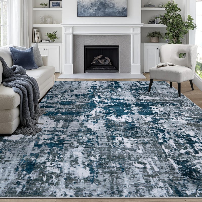 Aelenmu 8x10 Area Rugs for Living Room Rug Washable: Abstract Large Rug for Dining Room Bedroom Carpet Non Slip 8 by 10 Indoor Modern Nursery Home Office Navy Grey - Image 1