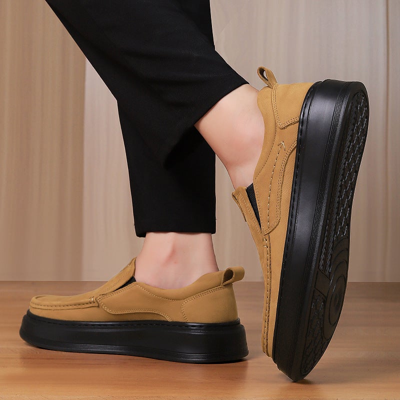 Men'S Casual Leather Shoes With Stitched Soft Soles, Leather Surface, Thick-Soled Slip-On Low-Top Black Shoes For Middle-Aged Men - Image 5