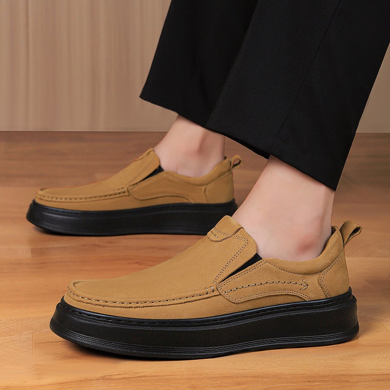 Men'S Casual Leather Shoes With Stitched Soft Soles, Leather Surface, Thick-Soled Slip-On Low-Top Black Shoes For Middle-Aged Men - Image 2