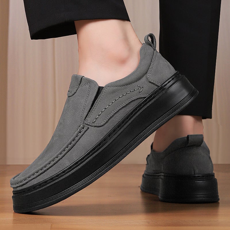Men'S Casual Leather Shoes With Stitched Soft Soles, Leather Surface, Thick-Soled Slip-On Low-Top Black Shoes For Middle-Aged Men - Image 3