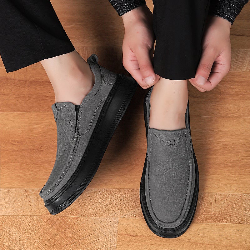 Men'S Casual Leather Shoes With Stitched Soft Soles, Leather Surface, Thick-Soled Slip-On Low-Top Black Shoes For Middle-Aged Men - Image 4