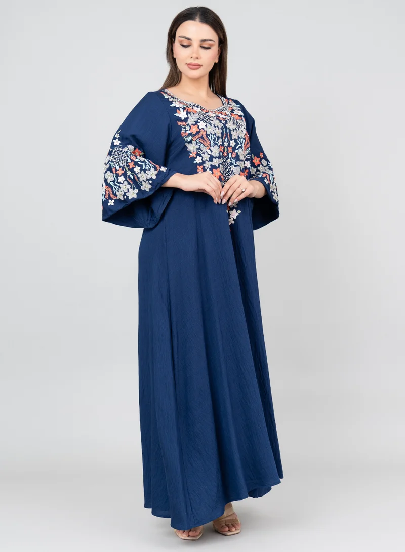 IKKXA Floral Majesty Embroidered Jalabiya IK3006 Blue
