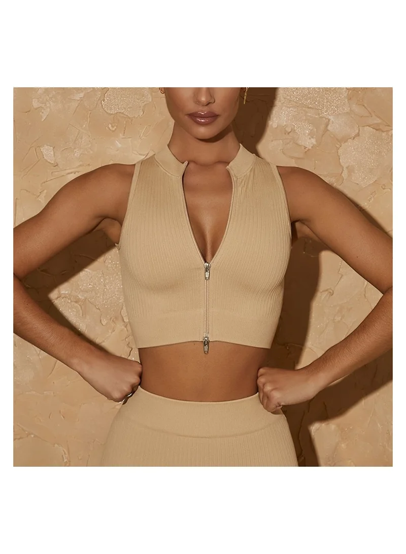 Caprisious Women's High Energy Workout Seamless Two Way Zip Up Crop Top and Sleeveless Sports Bra in Beige