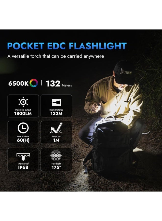 WUBEN E7 1800 Lumen Rechargeable Mini Flashlight with Magnet - Super Bright 6 Modes Khaki EDC Flashlight, Typ-C Rechargeable LED; IPX8 Pocket Flashlight for Headlamp Use, Rescue, Camping - Image 4