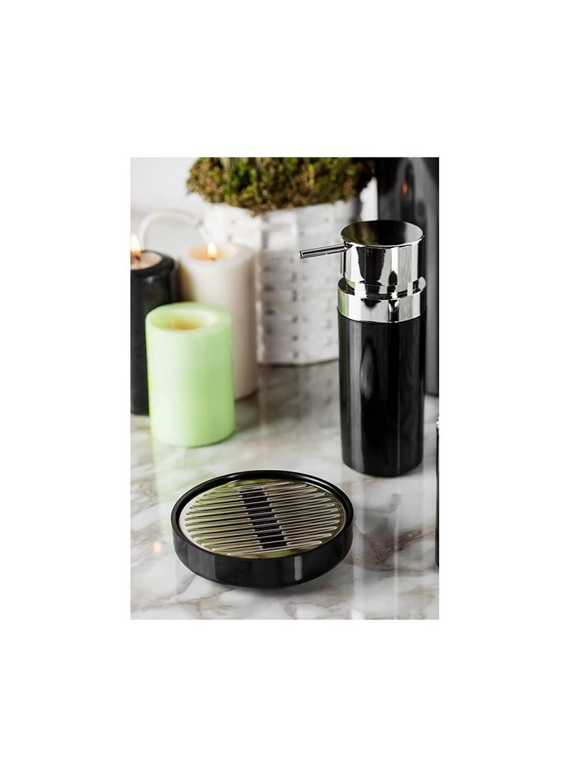 Primanova Lenox Acrylic 5 Piece Bathroom Accessory Set (6 Liter Basket-Liquid Soap Dispenser-Soap Holder-Toilet Cleaning Brush-Toothbrush & Toothpaste Holder )Black/Silver Frame - Image 5